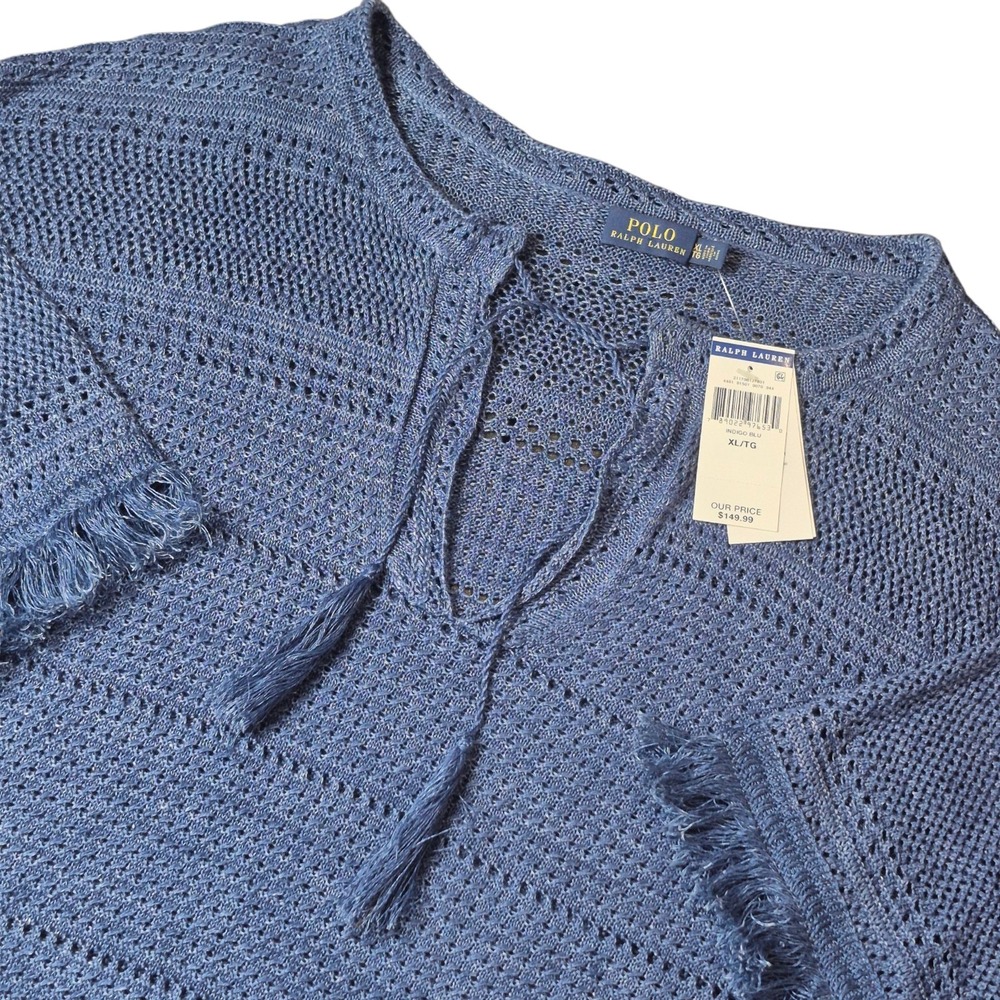 Polo Ralph Lauren Women's XL Linen Poncho Fringe Open Knit Indigo Blue NWT